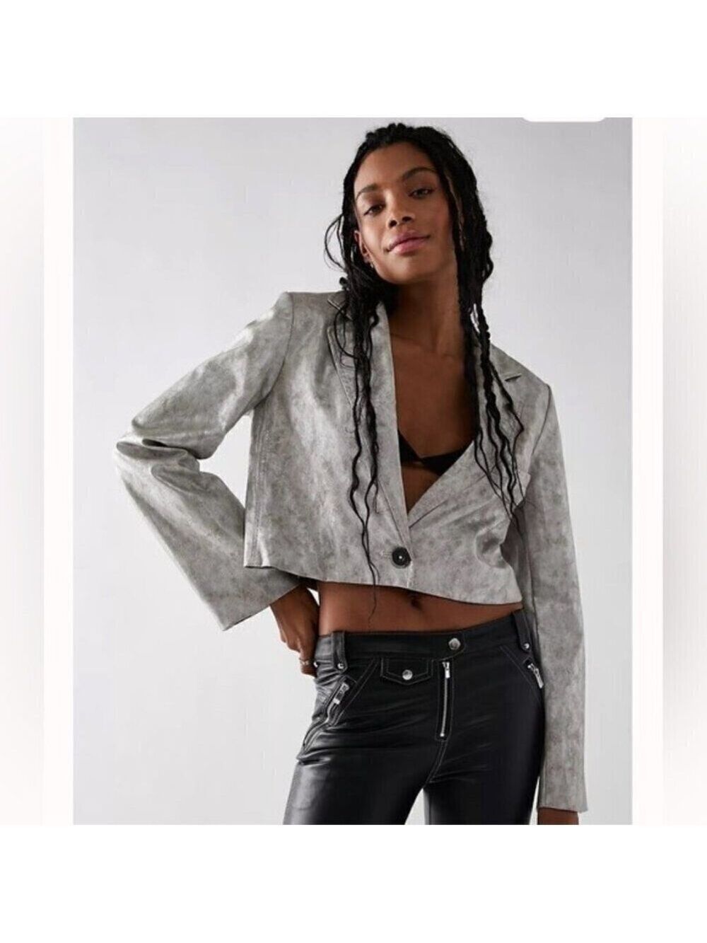 We The Free Block Party Jacket Metallic Silver Faux Leather Cropped Moto Y2K S
